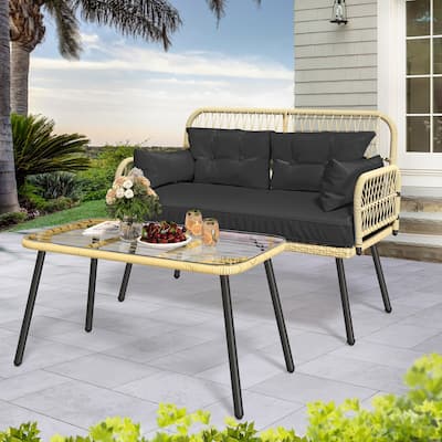 Moasis 2-Piece Rattan Patio Set with Glass Table - Outdoor Loveseat & Cushions