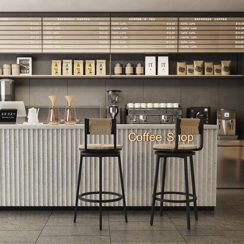 Modern Bar Stools Swivel Counter Chairs with Metal Frame Set of 2 Hand Woven Paper Rope Dining Barstools for Kitchen Counter