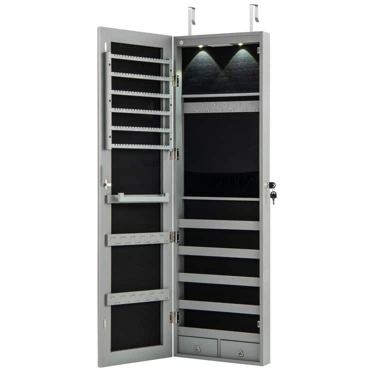 LED Lights Wall and Door Mounted Jewelry Storage Lockable Cabinet with Full Length Mirror - 14" x 4" x 54.5" (L x W x H)