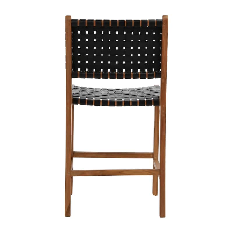 Maverick Top Grain Woven Black Leather with Natural Teak Frame Dining Counter Stool - N/A