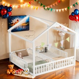 Double Twin Size House-Style Floor Bed with Fence and Guardrails without Door