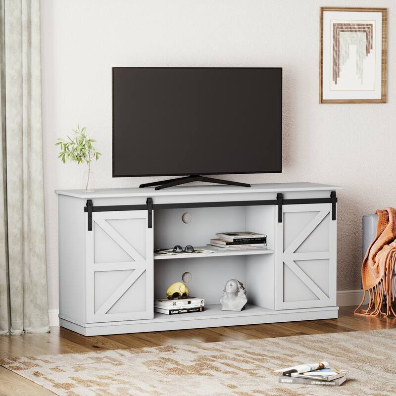 Farmhouse Wood TV Stand with Sliding Barn Door - WHITE