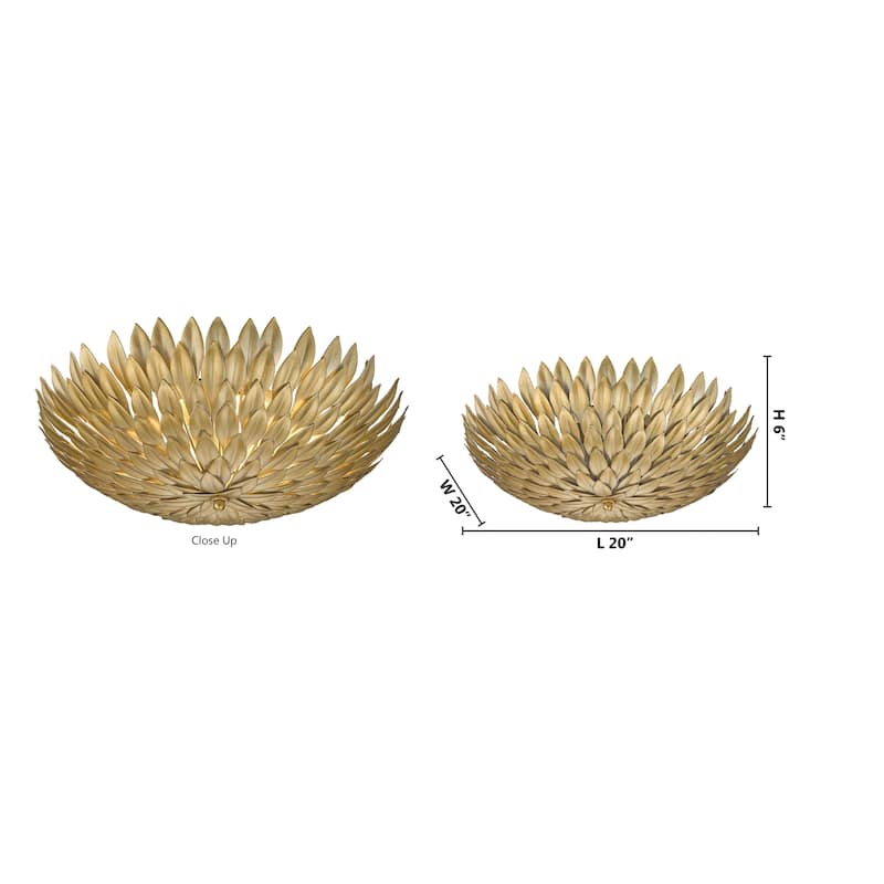 3 Light Gold Leaf Round Metal Frame Flush Mount