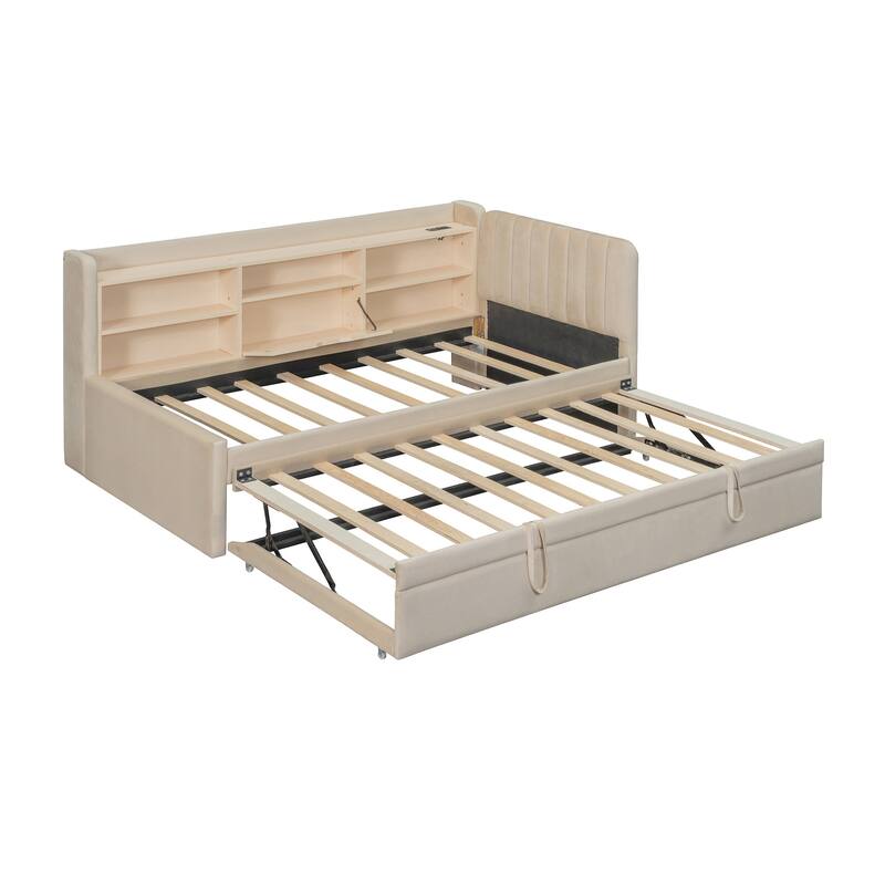Highly Functional Upholstered Daybed with Trundle,Ample Storage Shelves,and Integrated Charging Station
