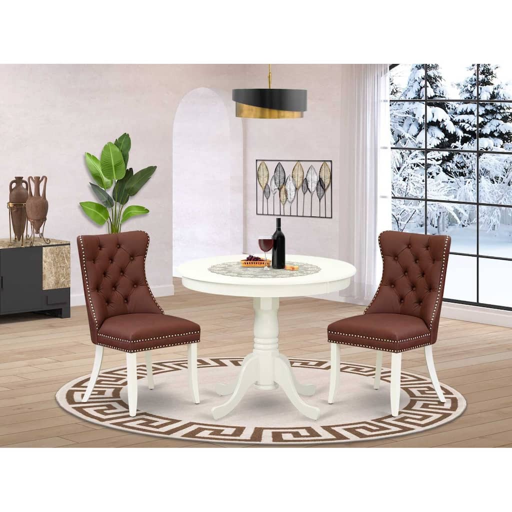 3-Piece Linen White Finish Solid Wood Top - Round Upholstered Dining Room Set - Seats 4