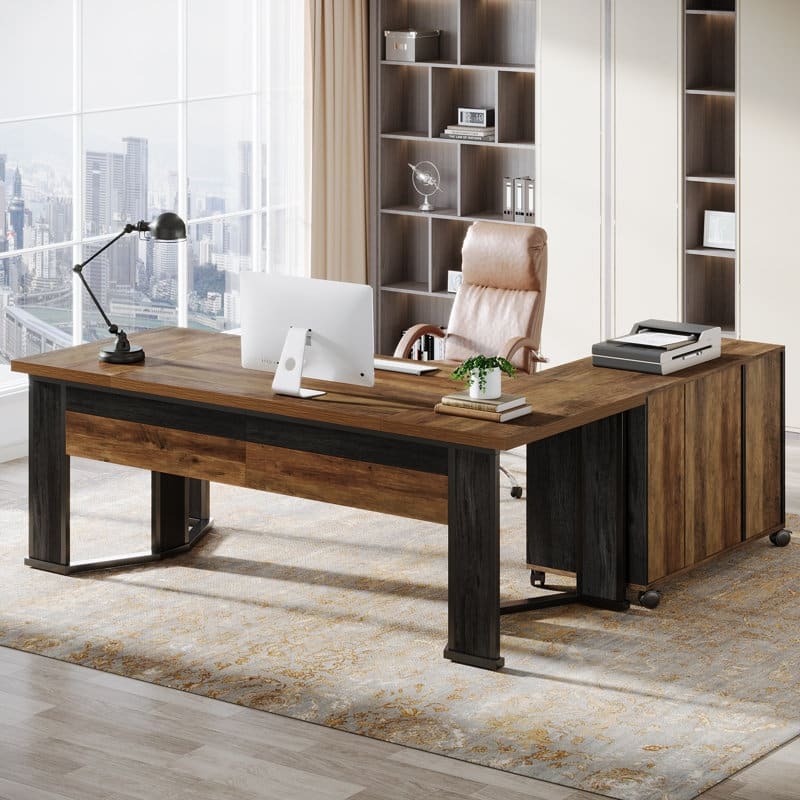Brown Wood L Shaped Executive Desk Computer Desk with File Cabinet - Brown