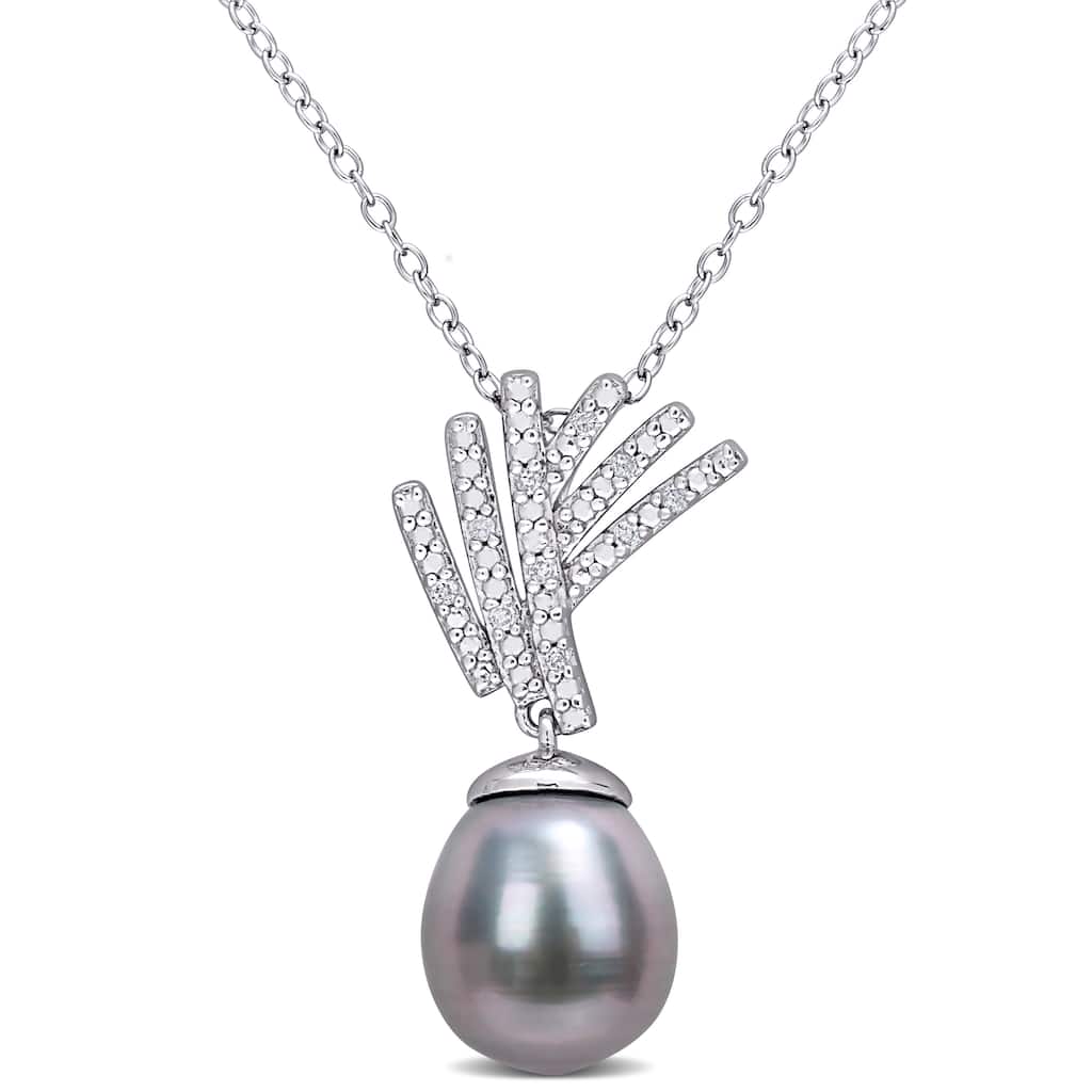 Miadora 9.5-10mm Black Tahitian Cultured Pearl and Diamond Accent Drop Sterling Silver