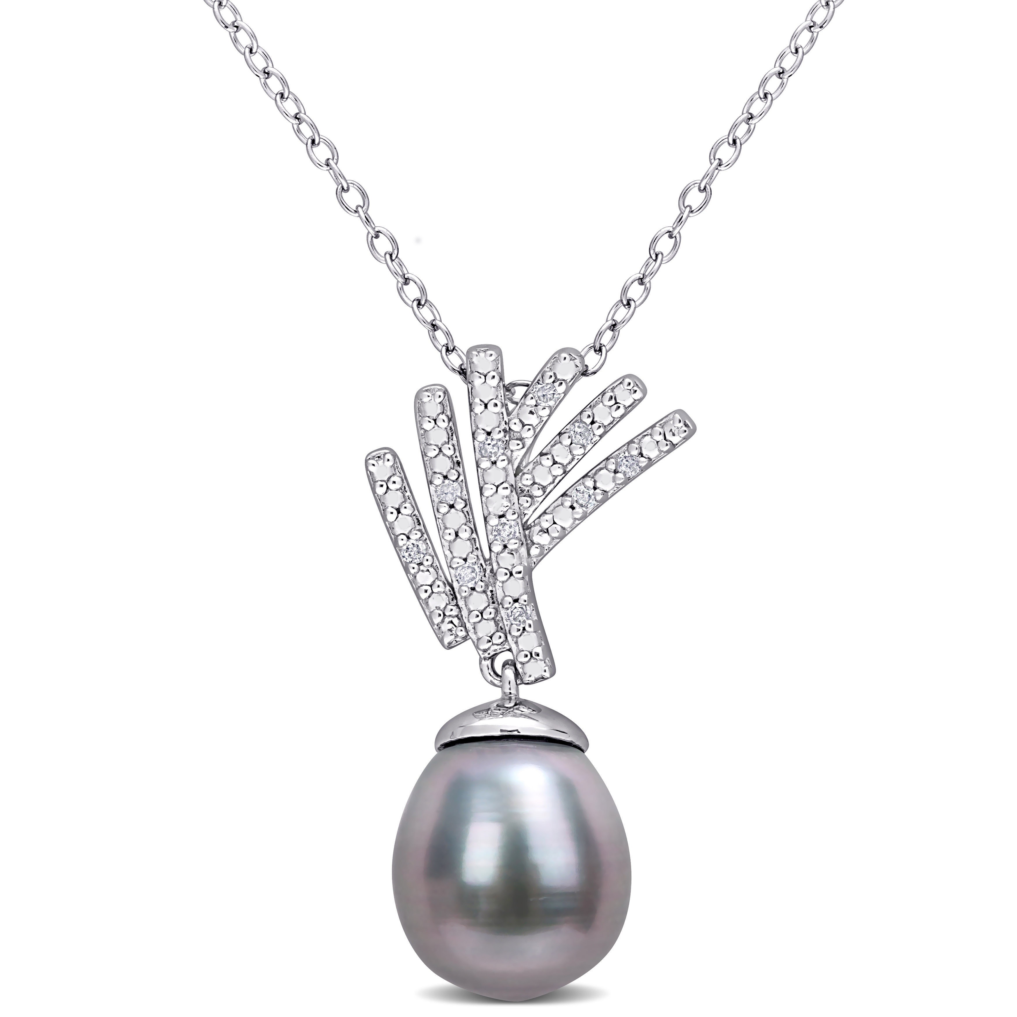 Miadora 9.5-10mm Black Tahitian Cultured Pearl and Diamond Accent Drop Sterling Silver