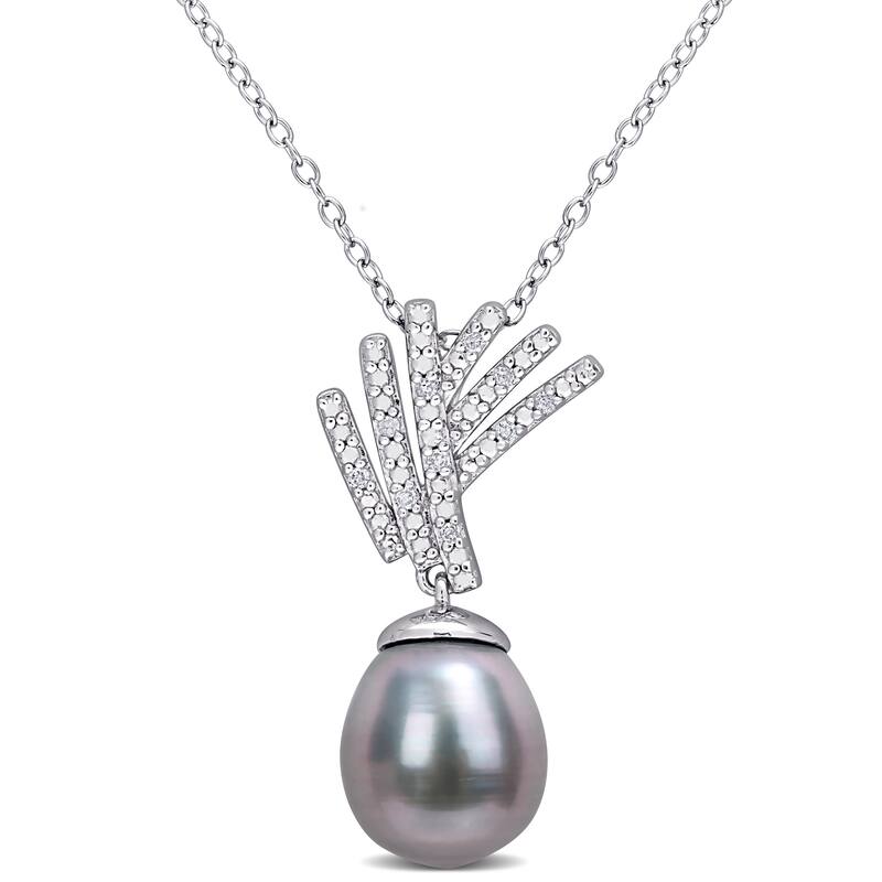 Miadora Tahitian Cultured Pearl & Diamond Accent Drop Necklace in Sterling Silver (9.5-10mm)