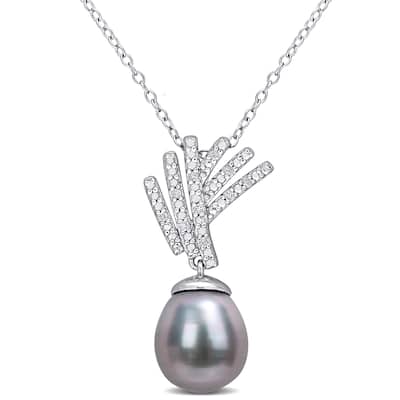 Miadora Tahitian Cultured Pearl & Diamond Accent Drop Necklace in Sterling Silver (9.5-10mm)