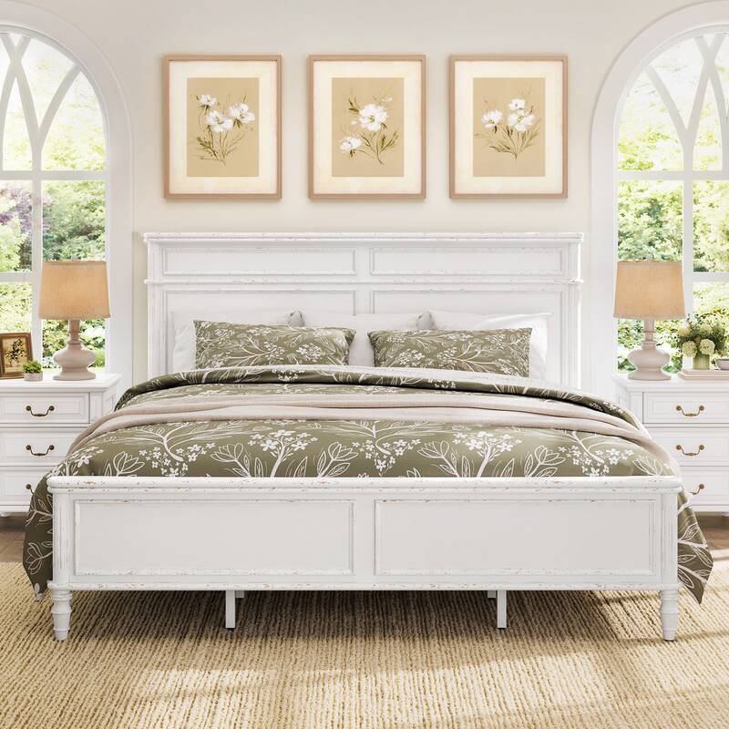 Queen/King Size Classic Wooden Bed Frame with Raised Panel Headboard and Footboard - White/King - King