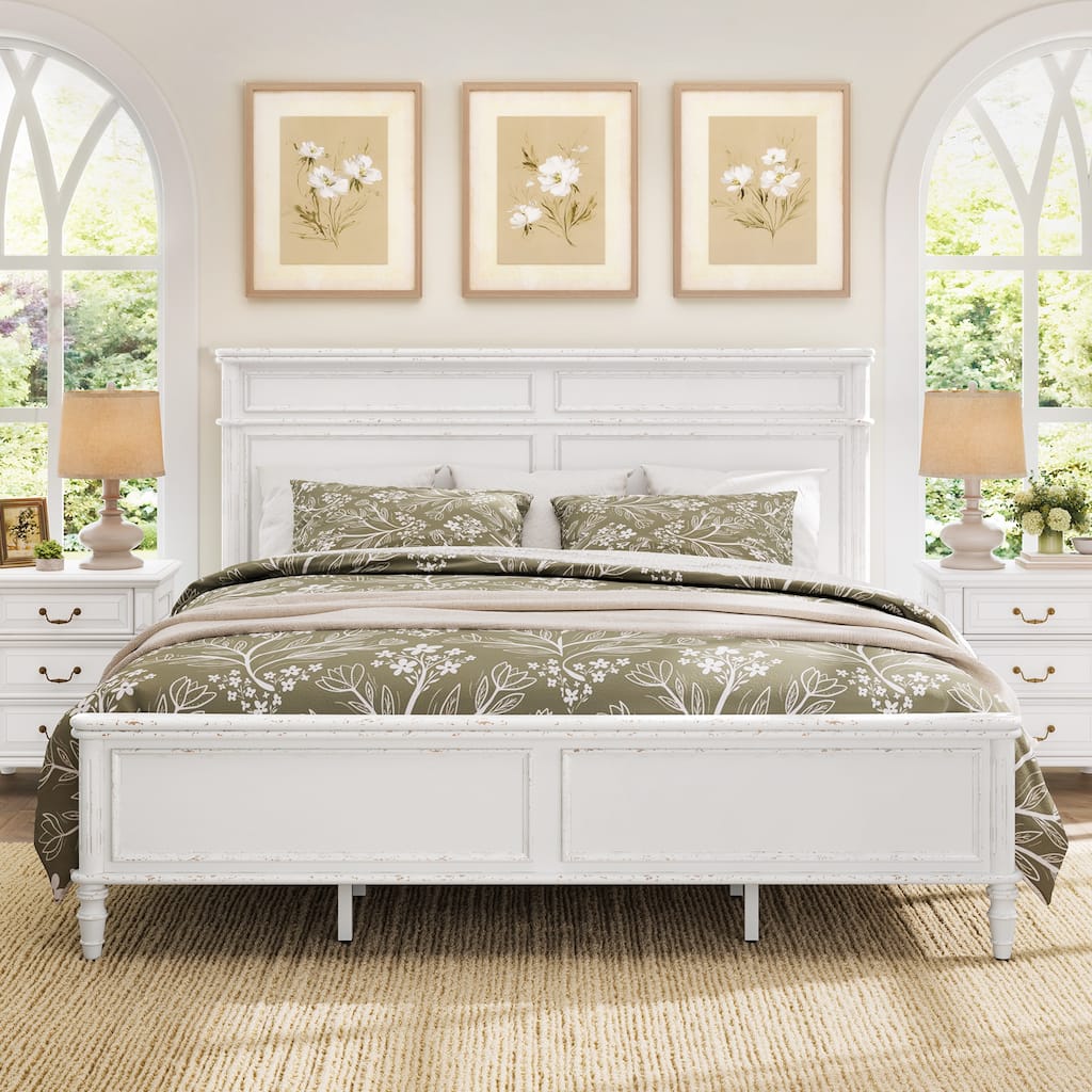 Queen/King Size Classic Wooden Bed Frame with Raised Panel Headboard and Footboard
