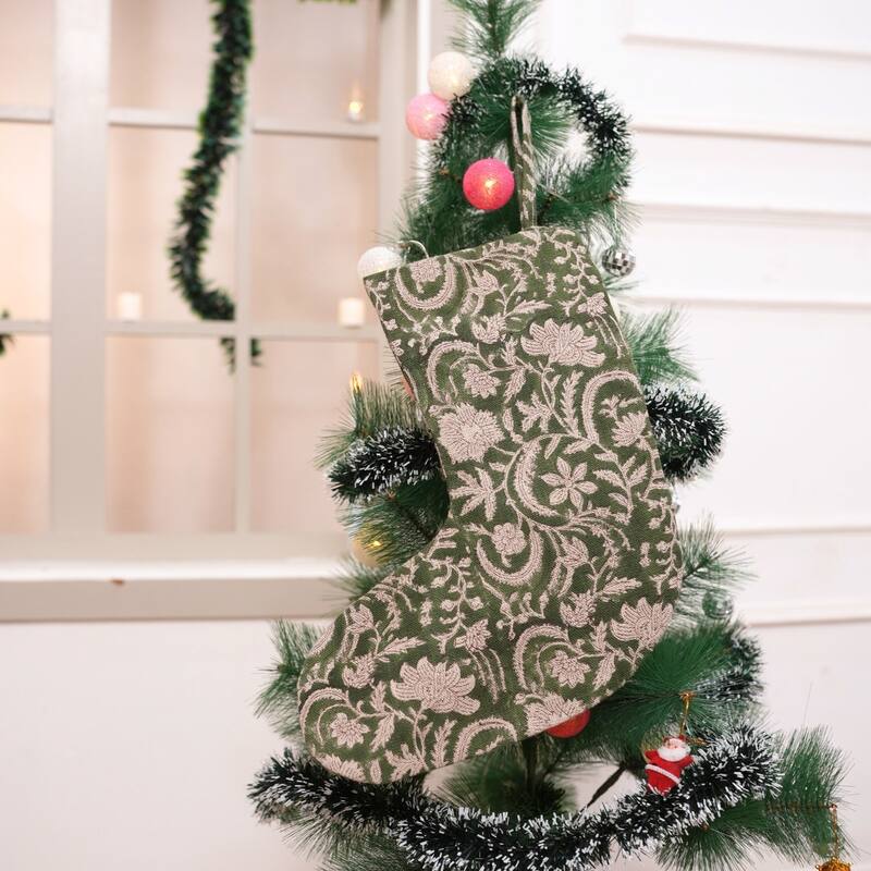 Fabdivine 16x6.5 Inches Hand Floral Block Print Christmas Stockings Tassle and Loop Perfect for Gift - 16"X6.5"