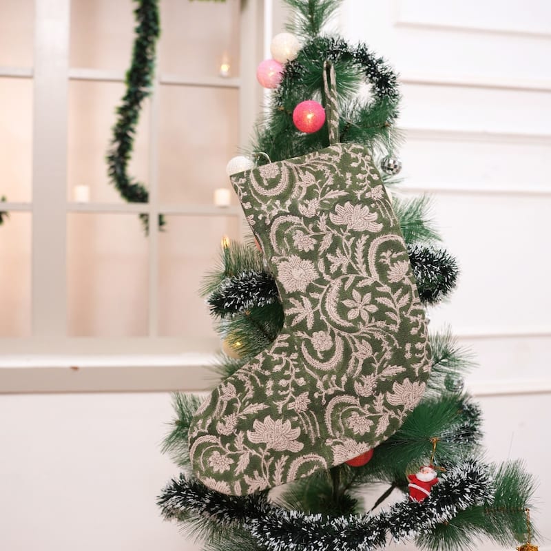 Fabdivine Handmade Christmas Stocking Floral Block Print 10X4.5 Inch Tassel Loop for Home Décor - 10"X4.5"