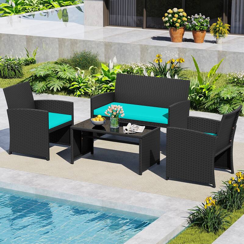 4 Piece Outdoor Patio Furniture Set Black Rattan Loveseat Armchairs and Coffee Table with Cushions