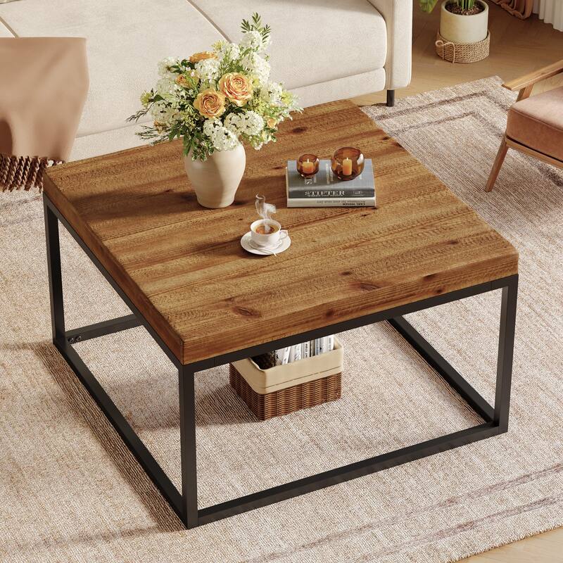 31.5-Inch Square Solid Wood Coffee Table - Wood - Brown