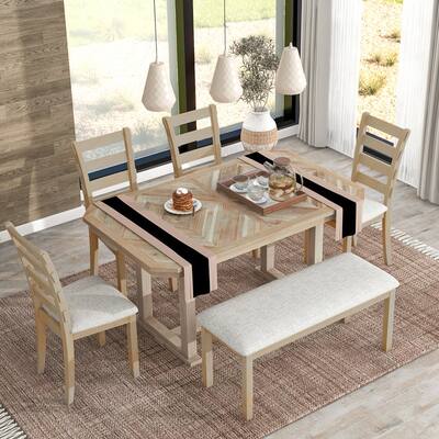 6-Piece 60inch Wood Grain Pattern Dining Table Set with Cushion