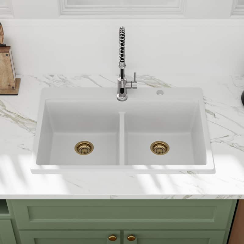 Lordear 33" Kitchen Sink Double Bowl Drop In Workstation Low Divider Quartz Composite Sink - 22 in.W x 33 in.D x 9.65 in.H