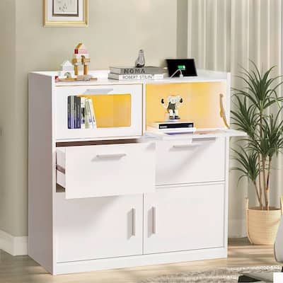 Javlergo 6 Drawers Double Dresser for Bedroom Wood Chest of Drawers Storage Cabinets with Charging Station and LED Lights