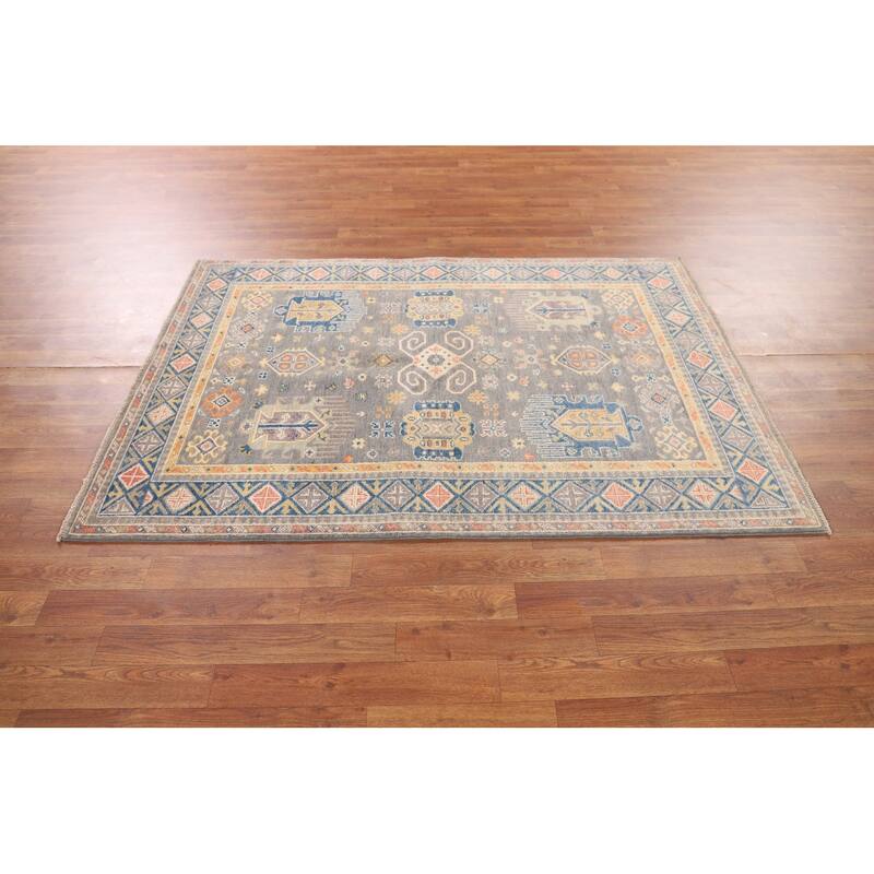 Gray Geometric Kazak Oriental Area Rug Handmade Bedroom Wool Carpet - 4'0"x 5'10"