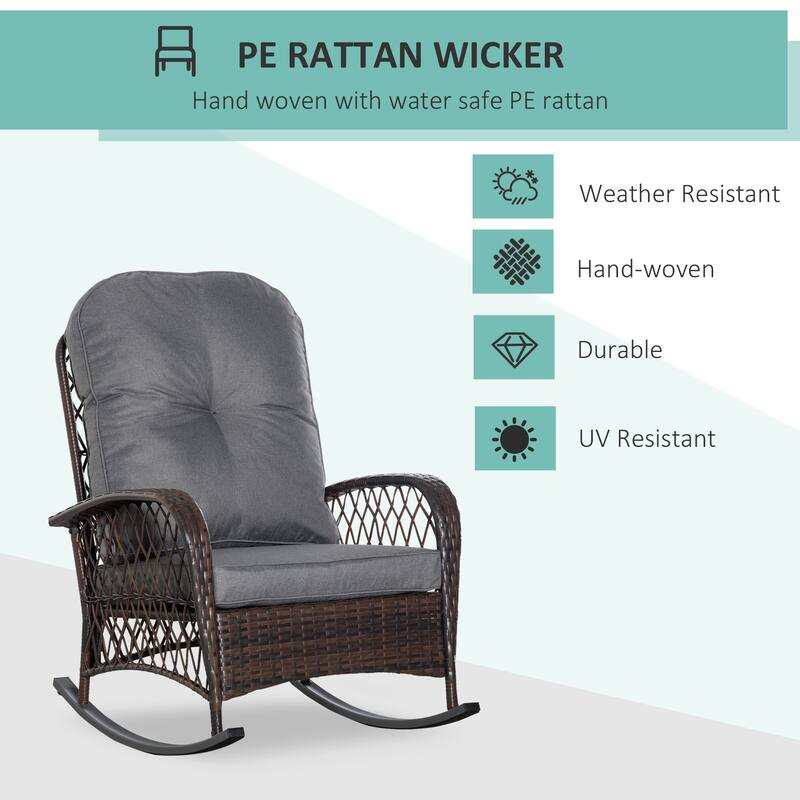 Outsunny Outdoor Wicker Rocking Chair with Wide Seat, Thick, Soft Cushion, Rattan Rocker w/Steel Frame - Gray