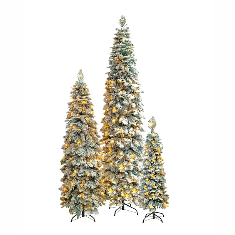 8FT, 6FT, 4FT Pre-Lit Pencil Christmas Trees, Set of 3 Flocked Fir Slim Christmas Trees, 290 LED Lights with 11 Lighting Modes
