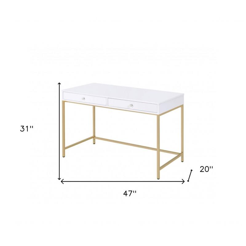 White Wood Glossy Computer Desk with Gold Metal Base and 2 Drawers
