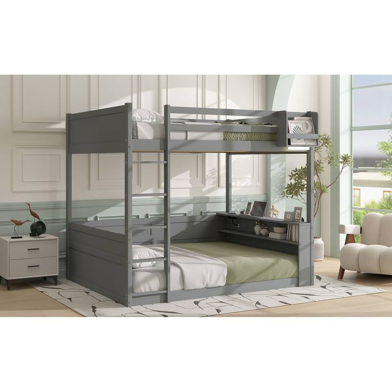 Queen Size Wooden Bunk Bed with Shelves, Storage Box, LED Light, and USB Charging Station, Grey