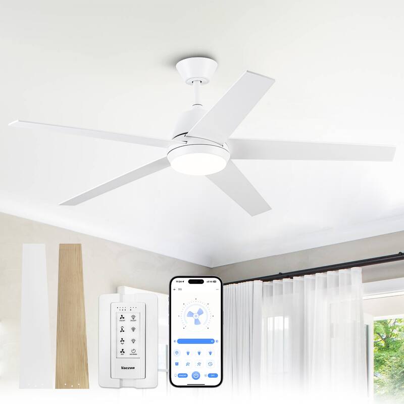 Vaczon 52-inch Modern Plywood 5-blade White Smart Ceiling Fan with Light and APP