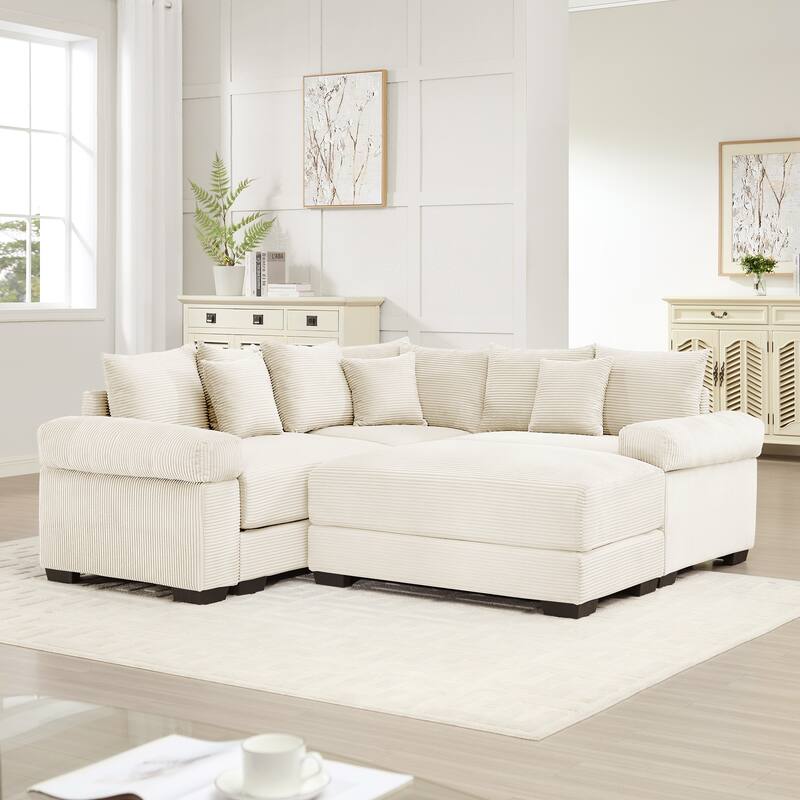 3-Seat Convertible Cloud Corduroy Modular Sofa with 10 Throw Pillows