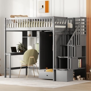 Multifunctional Design Loft Bed with Bookshelf, Drawers, Desk and Wardrobe, Twin size, Grey