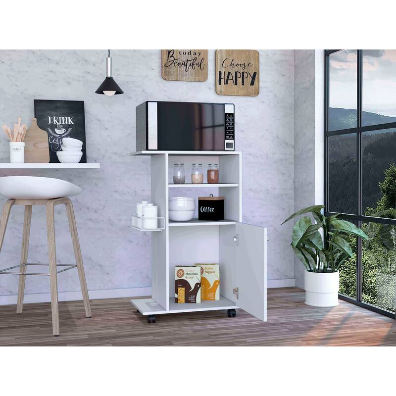 Versatile White Kitchen Cart with Caster Wheels, One-Door Cabinet, Microwave Stand, 27.96" Countertop