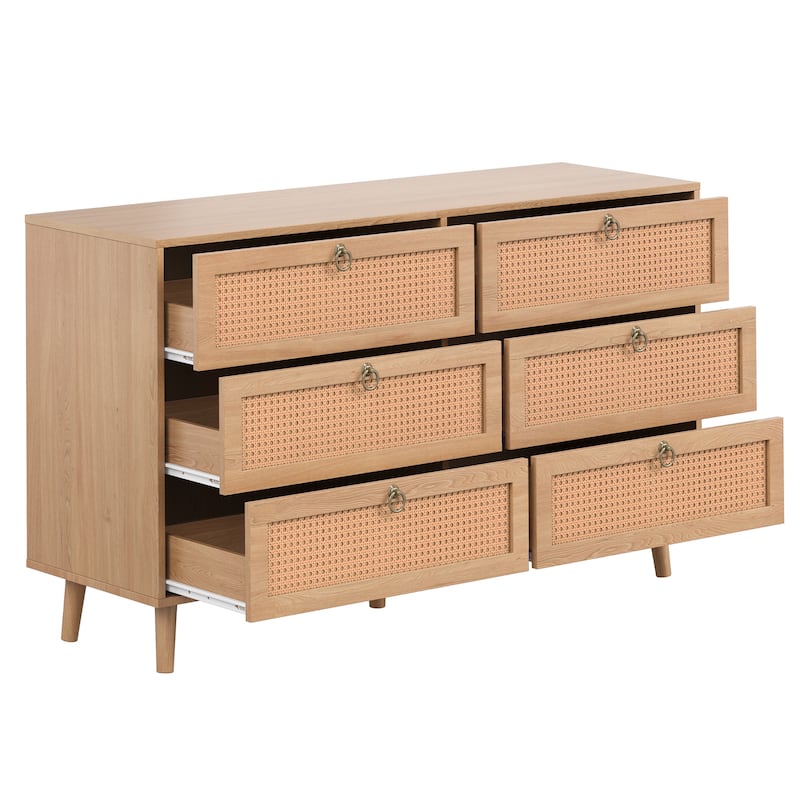 PE Rattan Double Dresser with 6 Drawers, Chest of Drawers Bedroom Storage Organizer