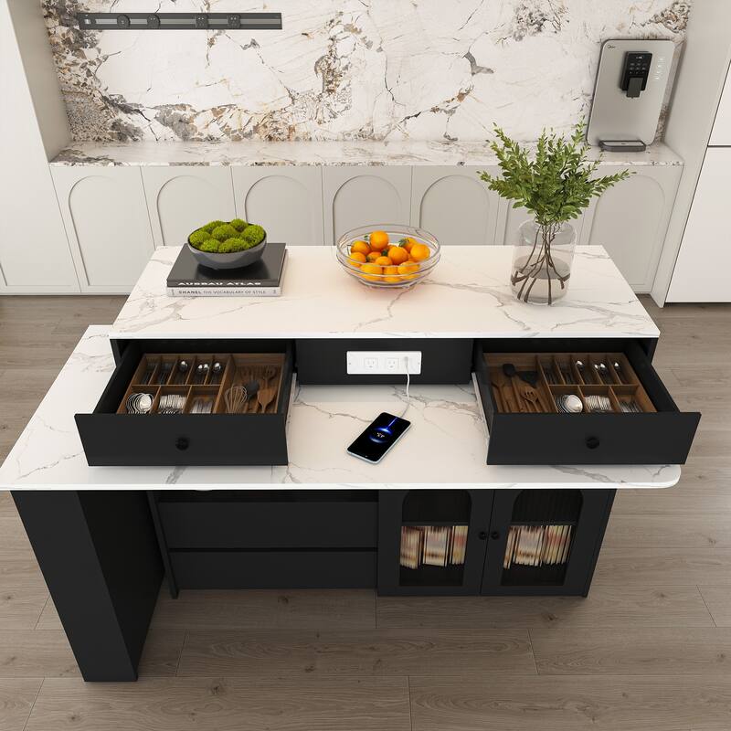Kitchen Island with Extendable Rotating Table, 4 Drawers, Glass Doors & Built-in Socket