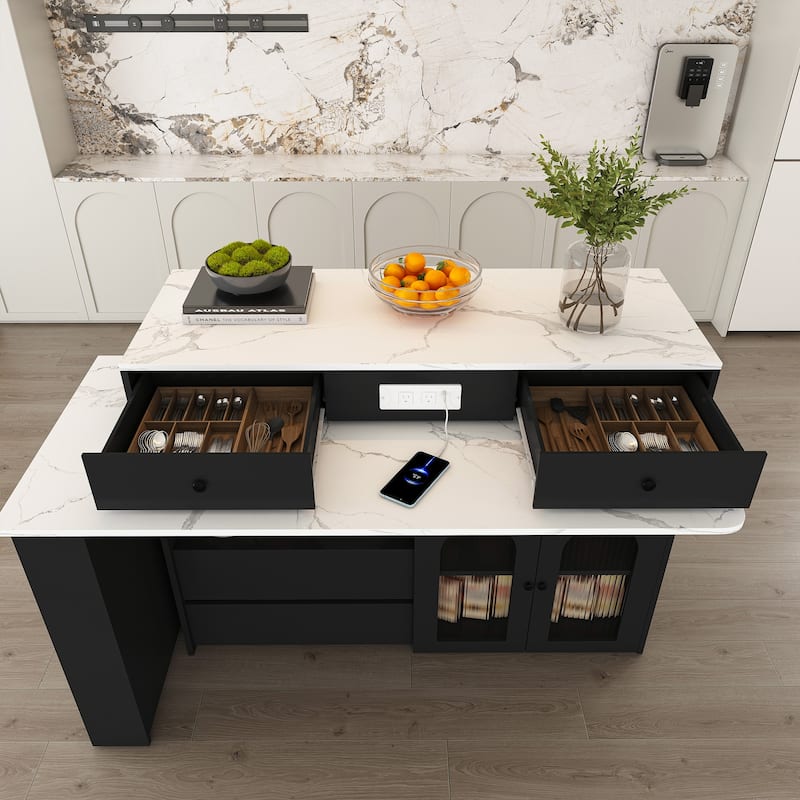 Roomfitters Kitchen Island with Rotating Extendable Table, Mobile Dining Station with Storage and Built-in Power Outlet