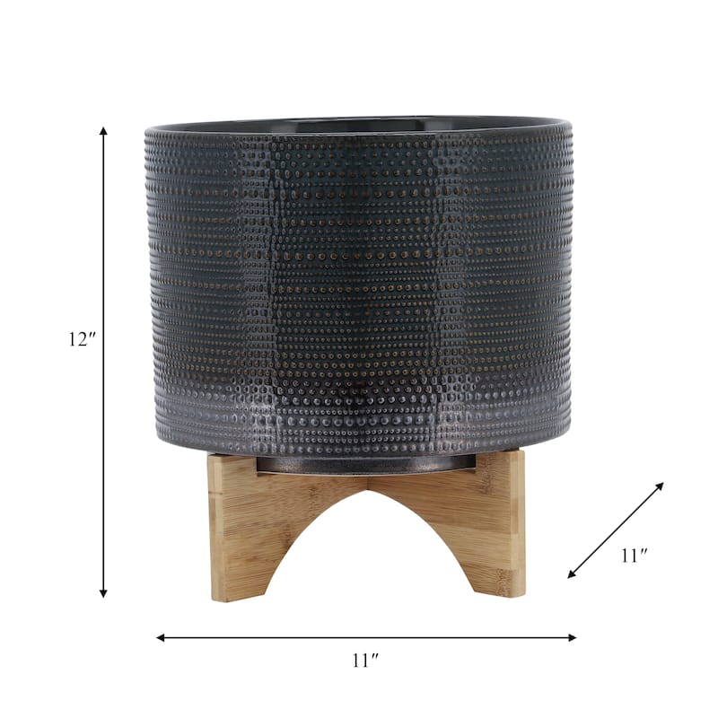 Sagebrook Home Ceramic Planter with Natural Wood Stand