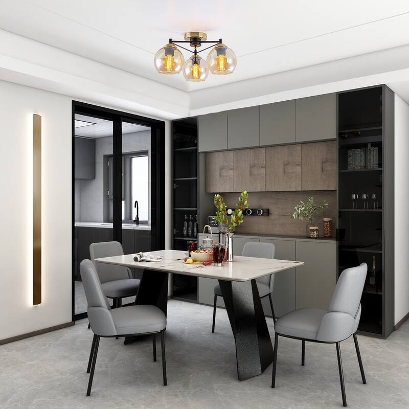 3 Lights Gold Flush Mount Ceiling Light with Amber Glass Globes - Dia.17.72-in