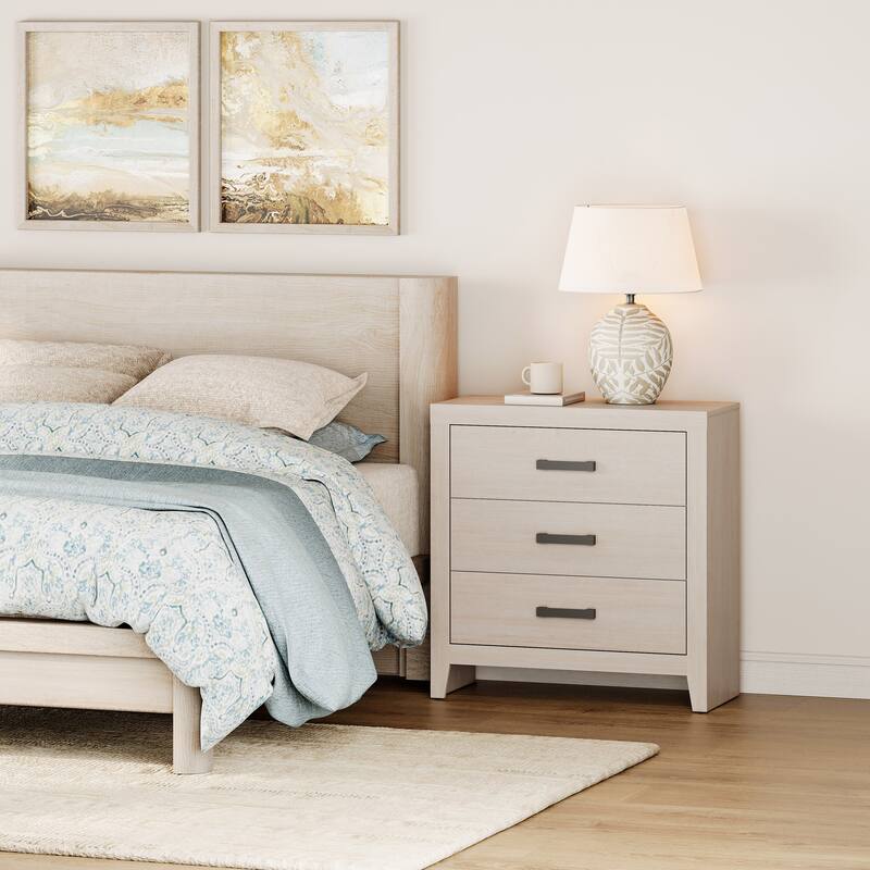 WAMPAT Farmhouse Nightstand with 3 Drawers, Large Wood Bedside Table