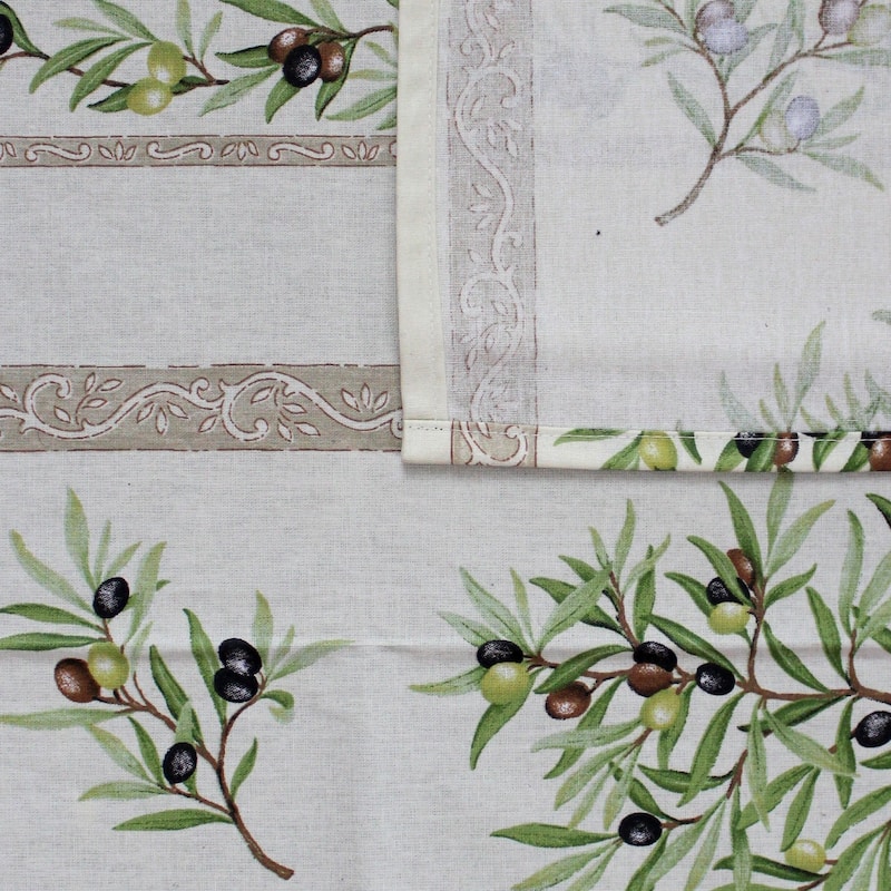 Wipeable Spill Resistant Provencal Cotton Cannes Collection Tablecloth - 60 x 78 in - White Olives