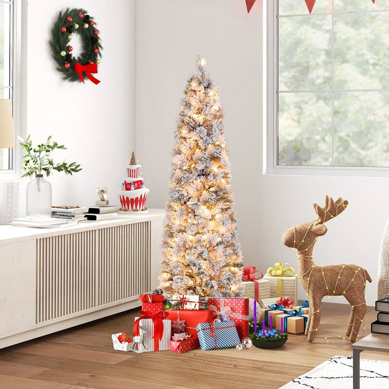 Gymax 4.5/6/7 FT Pre-Lit Artificial Christmas Tree Slim Pencil Xmas