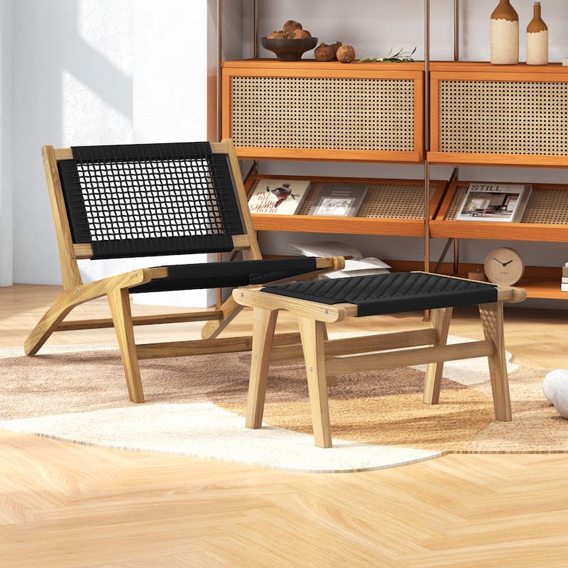 Gymax 2PCS Teak Ottoman Footstool w/ Handwoven Cordage for Patio Porch