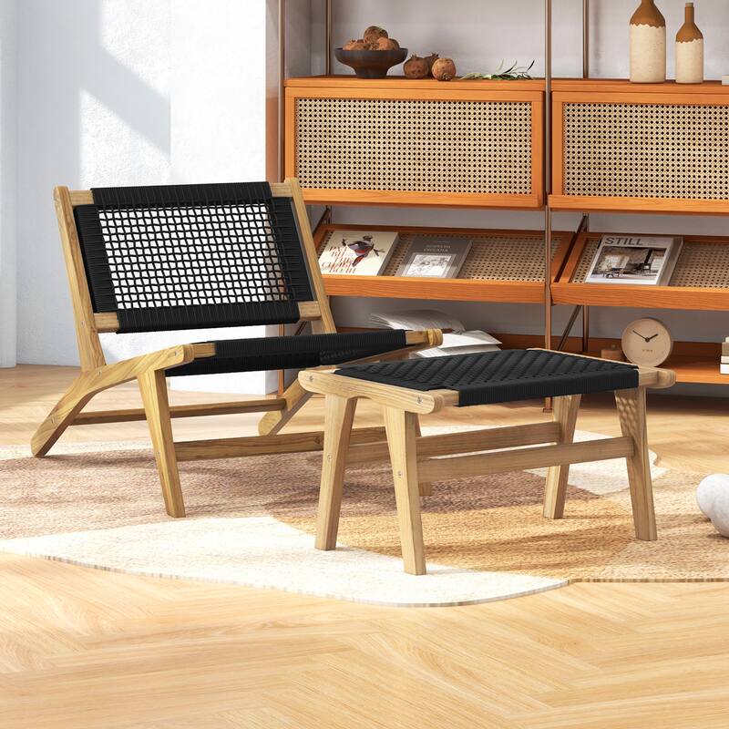 Gymax Teak Ottoman Footstool w/ Handwoven Cordage for Patio Porch