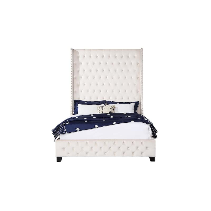 QUEEN BED Frame Velvet Beige, Upholstered Platform Bed Modern Design