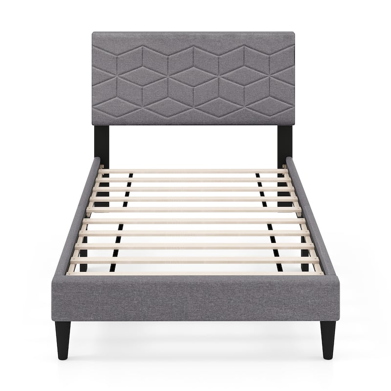 Gray Twin Size Upholstered Platform Bed Frame with Linen Headboard and Low Profile Modern Design