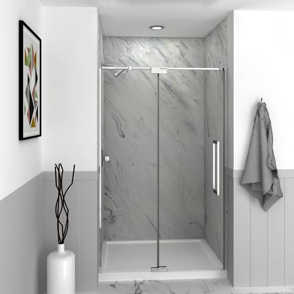 slide 1 of 12, Irene 48 in. W x 76 in. H Pivot Semi-Frameless Shower Door with Clear Glass - 48-in W x 76-in H