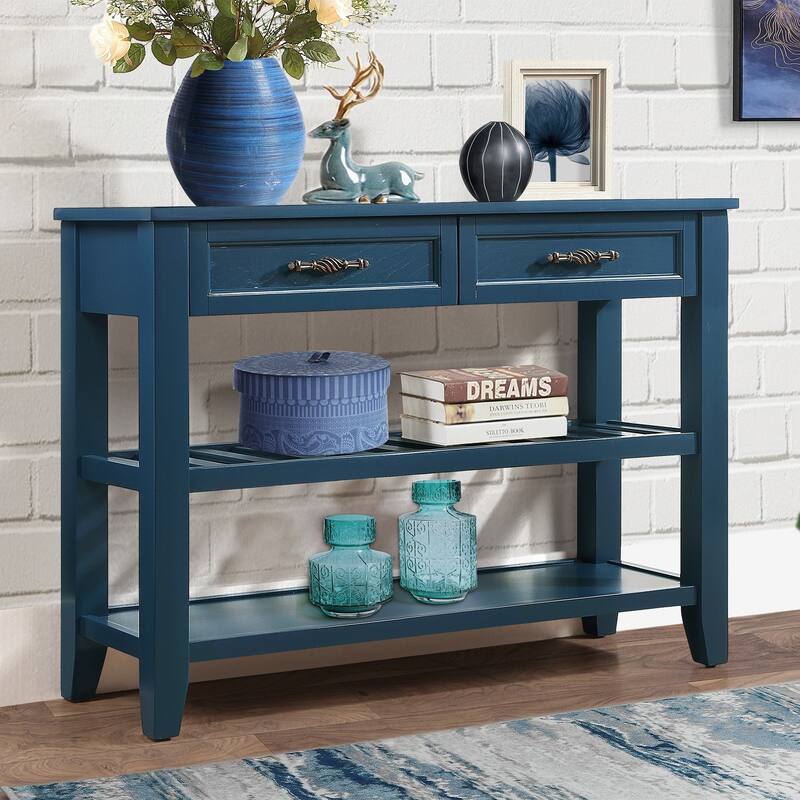 42'' Console Sofa Table with Drawers and Tiers Shelves - Navy Blue