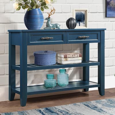 Console Sofa Table with 2 Storage Drawers and 2 Tiers Shelves,Mid-Century Style 42''Solid Wood Buffet Sideboard for Living Room