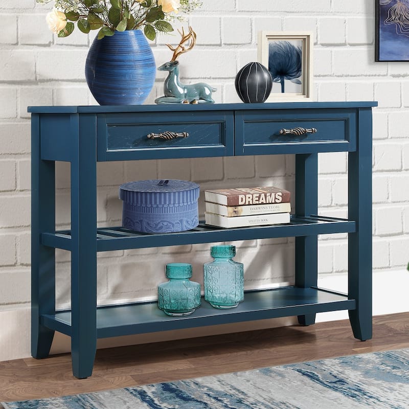 Mid-Century Style Console Sofa Table Solid Wood Buffet Sideboard with 2 Storage Drawers and 2 Tiers Shelves