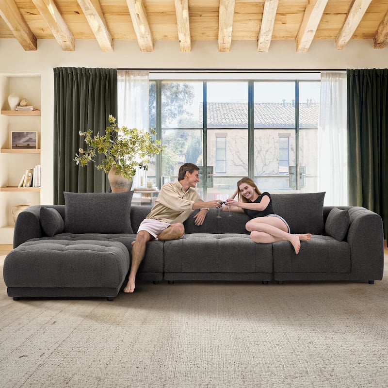 Cloud Modular Sofa Sectional 144" with Ottoman - Plush Chenille Fabric Living Room Couch