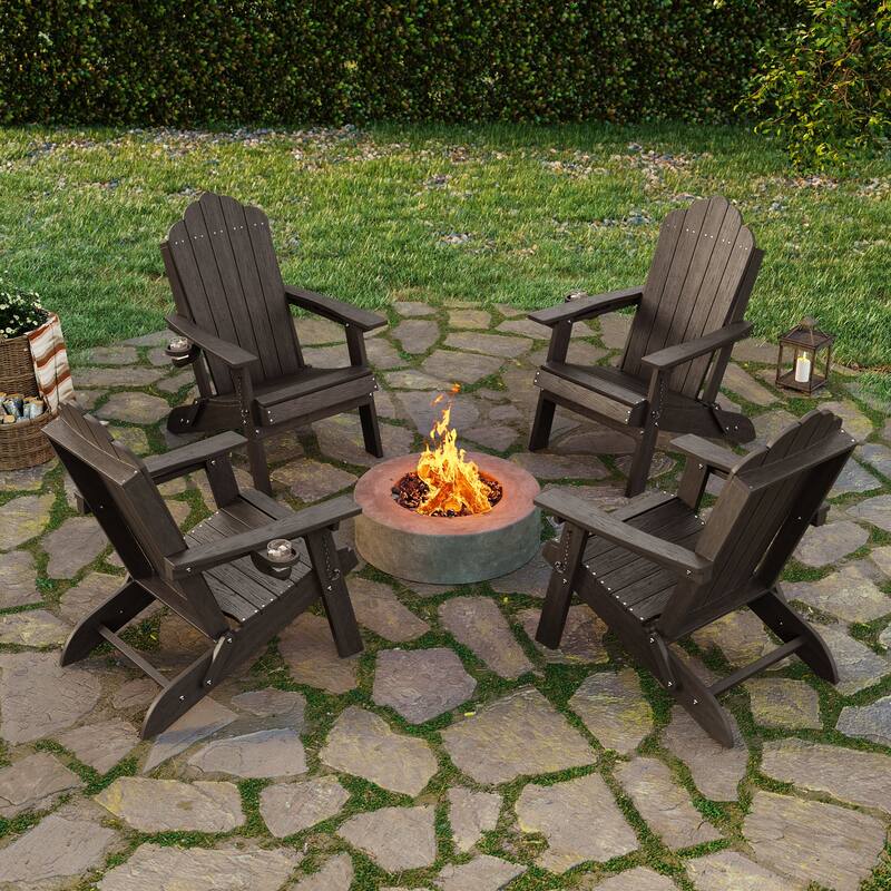 Foldable HDPE Adirondack Chair All-Weather W/ Cup Holder - Brown - 4-Piece